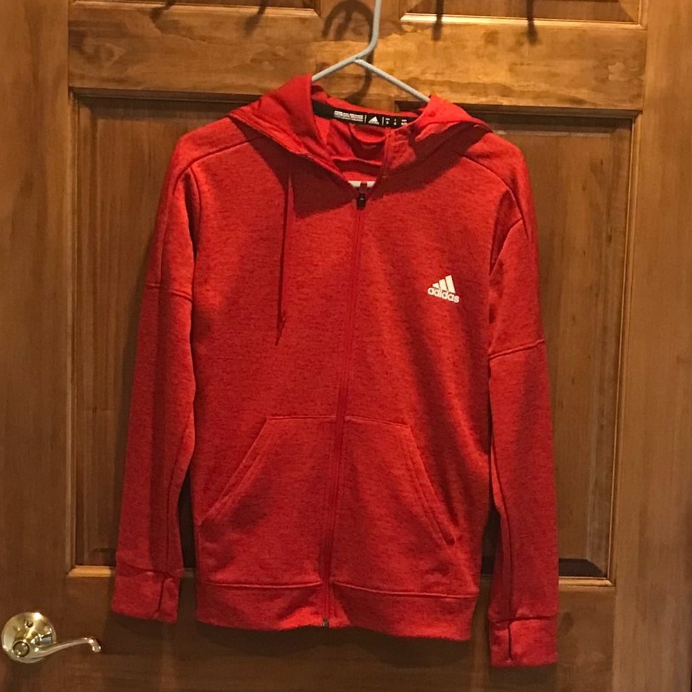 ADIDAS CLIMAWARM FULL ZIP RED HOODIE, SIZE SMALL